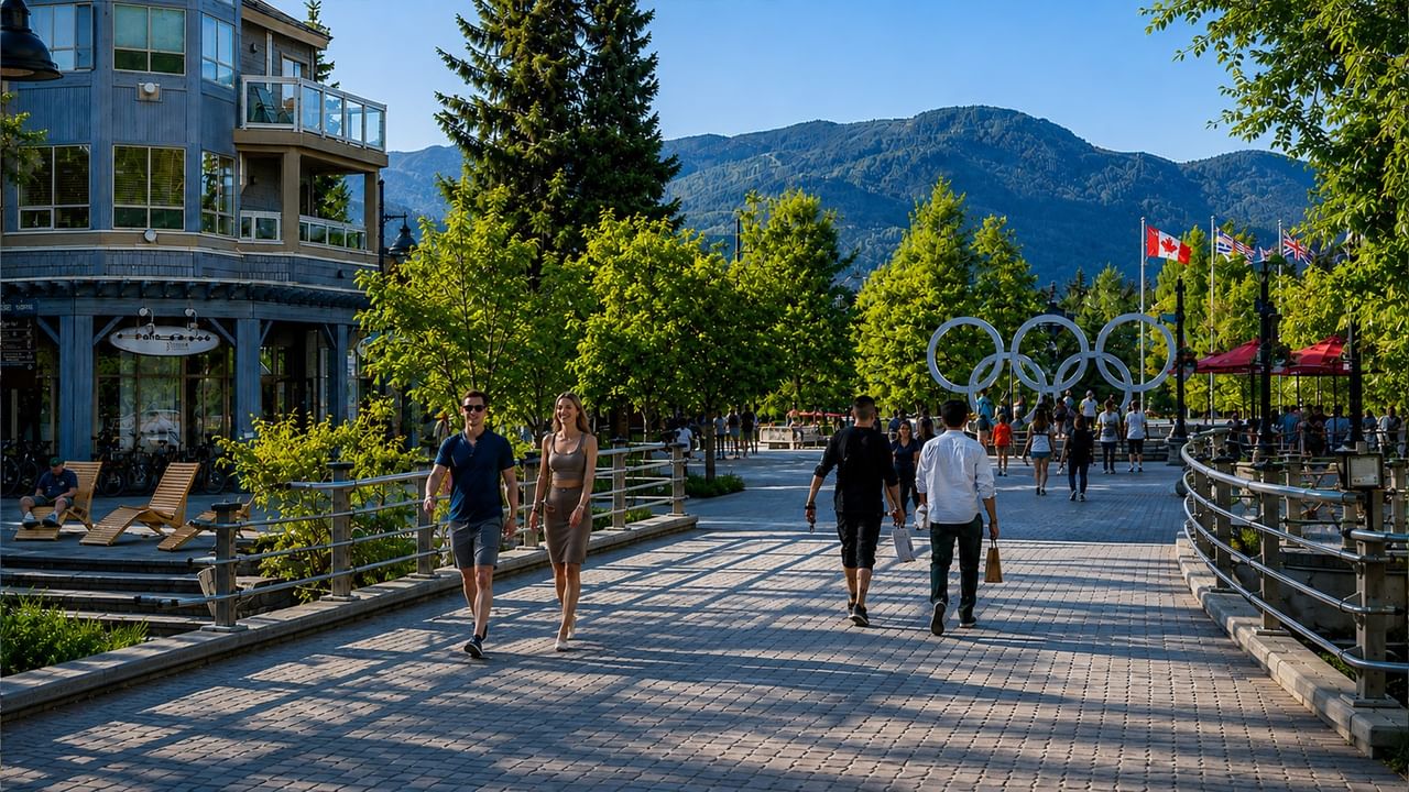 People strolling along a sunny brick promenade with Olympic rings sculpture, mountains, and flags in the background.