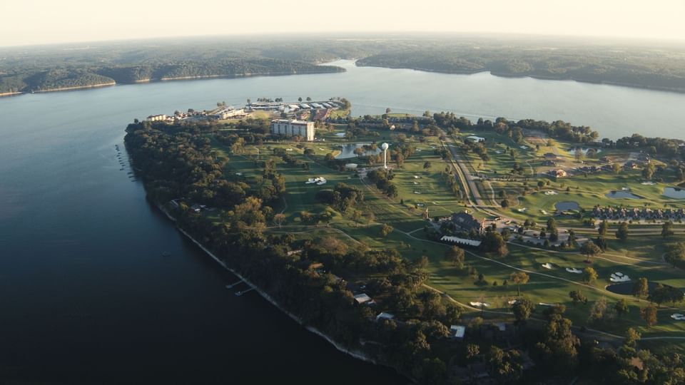 Wide aerial view of the island at Shangri-La Monkey Island