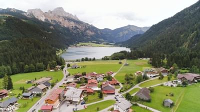 Aerial view of Hotel Liebes Rot Flueh during summer