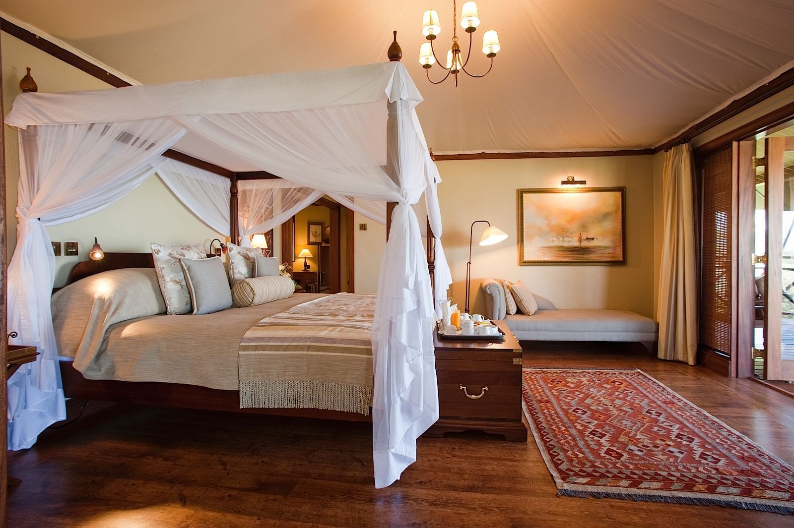 Interior of Flamingo suite bedroom at Hotel Lake Elmenteita 