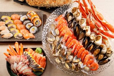 Seafood platters arranged in the dining area at Park Hotel Hong Kong