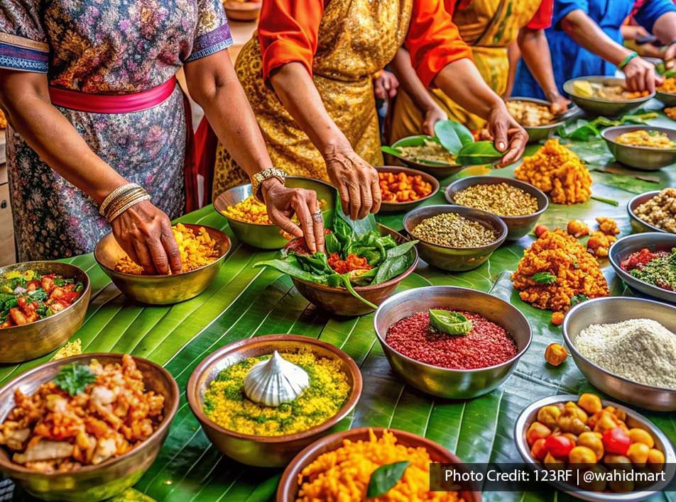 Indian ladies preparing food with colorful indian spices and vegetables on a table - Lexis Port Dickson