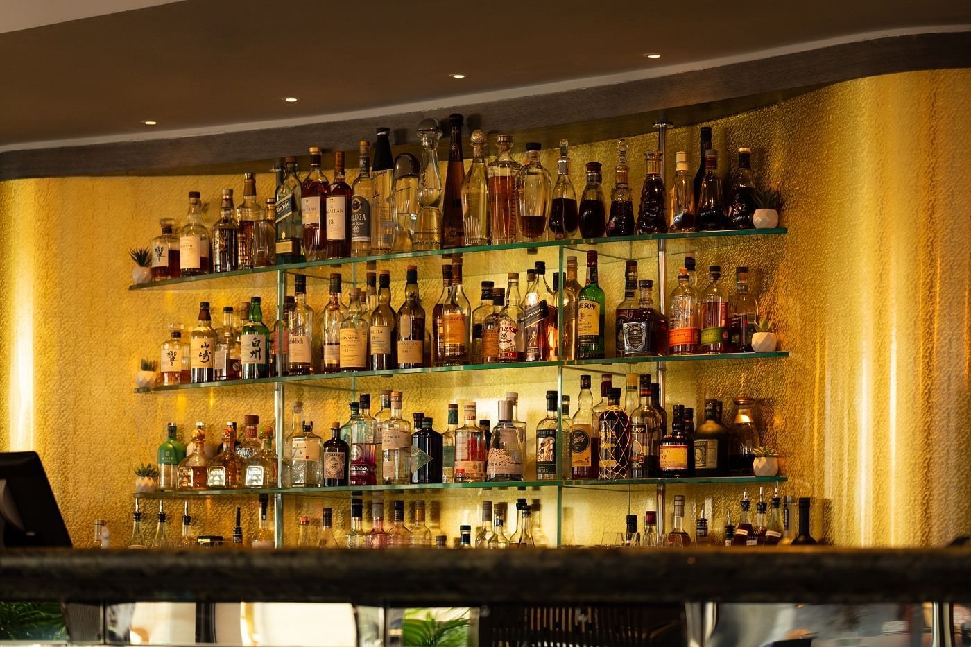 The back bar rack filled with liquor bottles in May Fair Bar at The May Fair Hotel