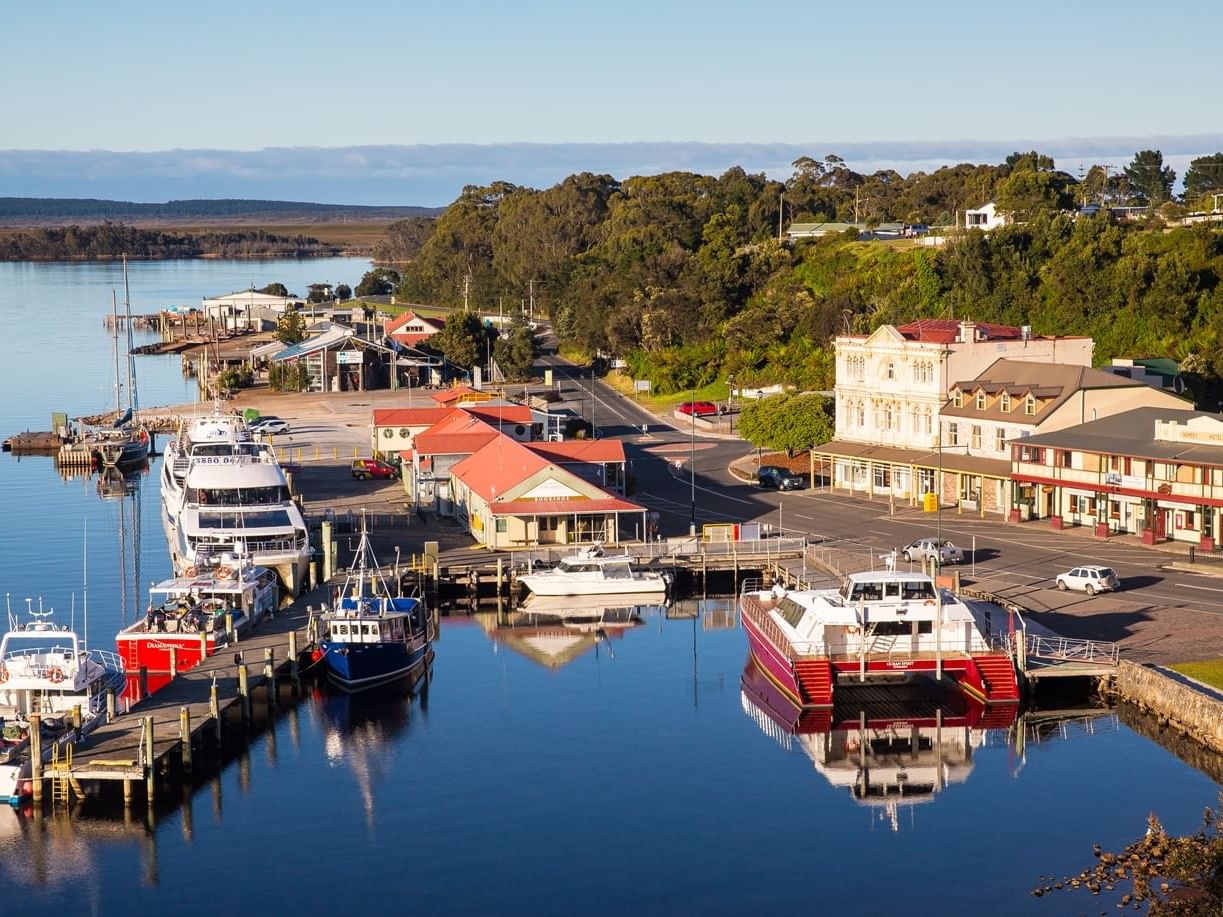 View of Hilltop Harbor from Strahan near Gordon River Cruise