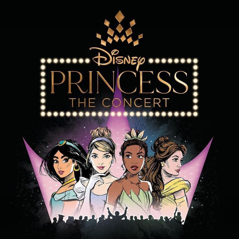 Four Disney Princesses in drawn style with purple crown shaped light