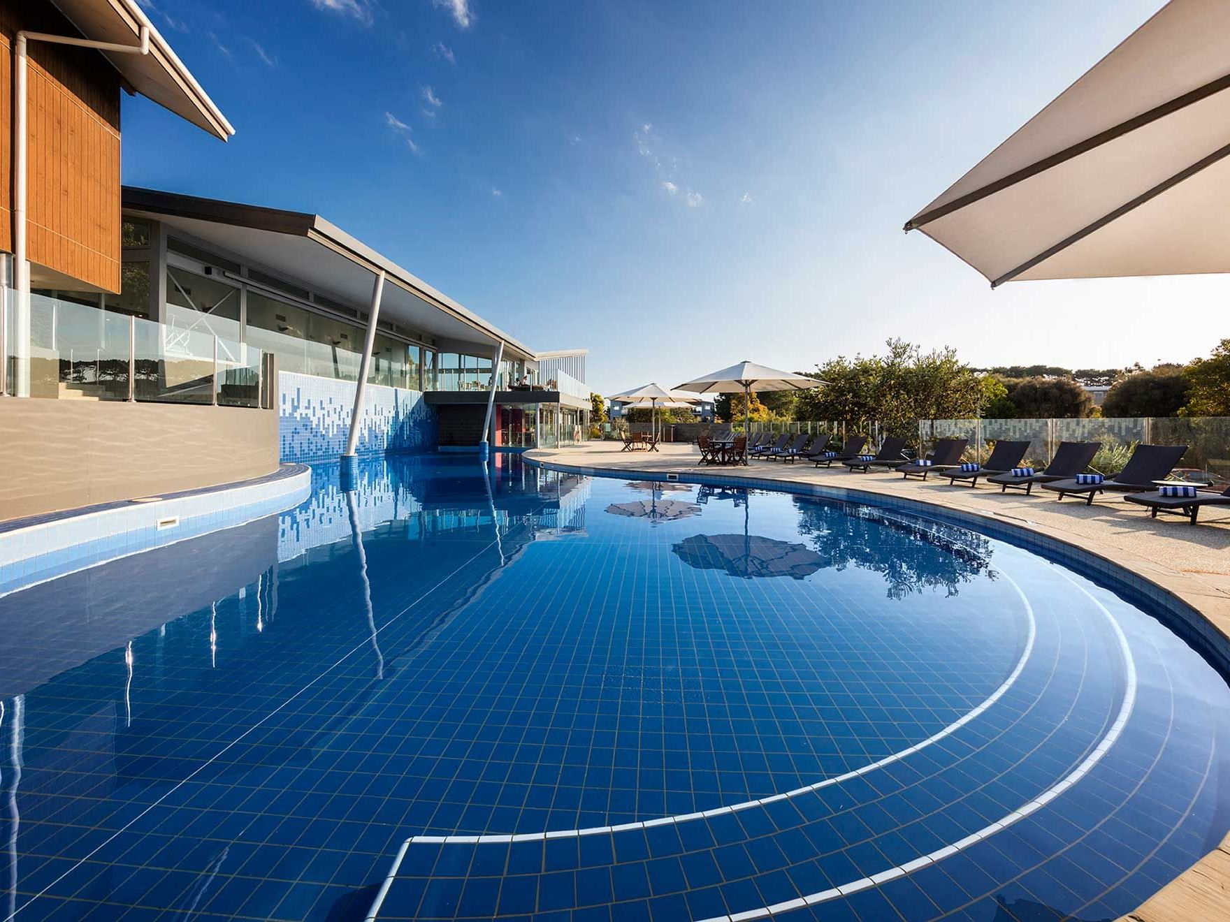 The solar-heated freeform outdoor pool at Silverwater Resort