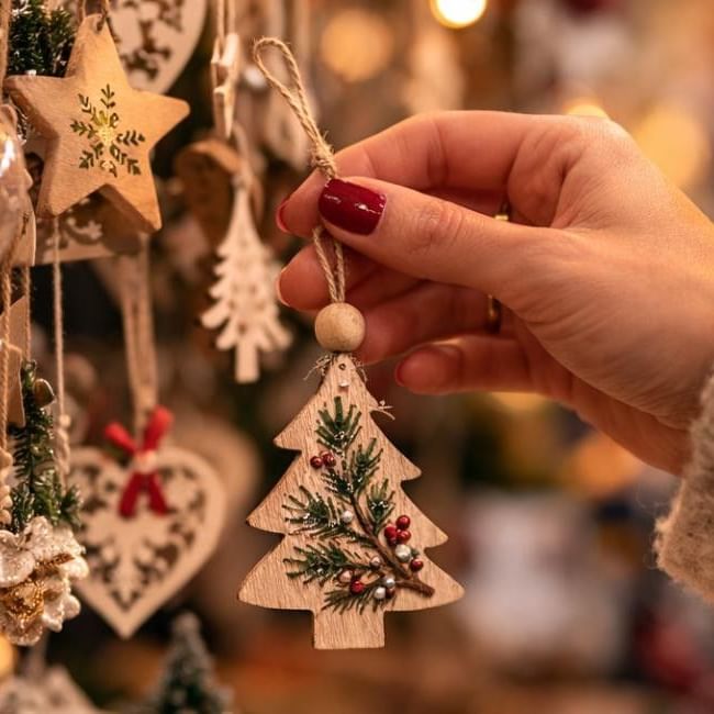 Person picking out tree decoration at Guildford Cathedral Christmas Fair