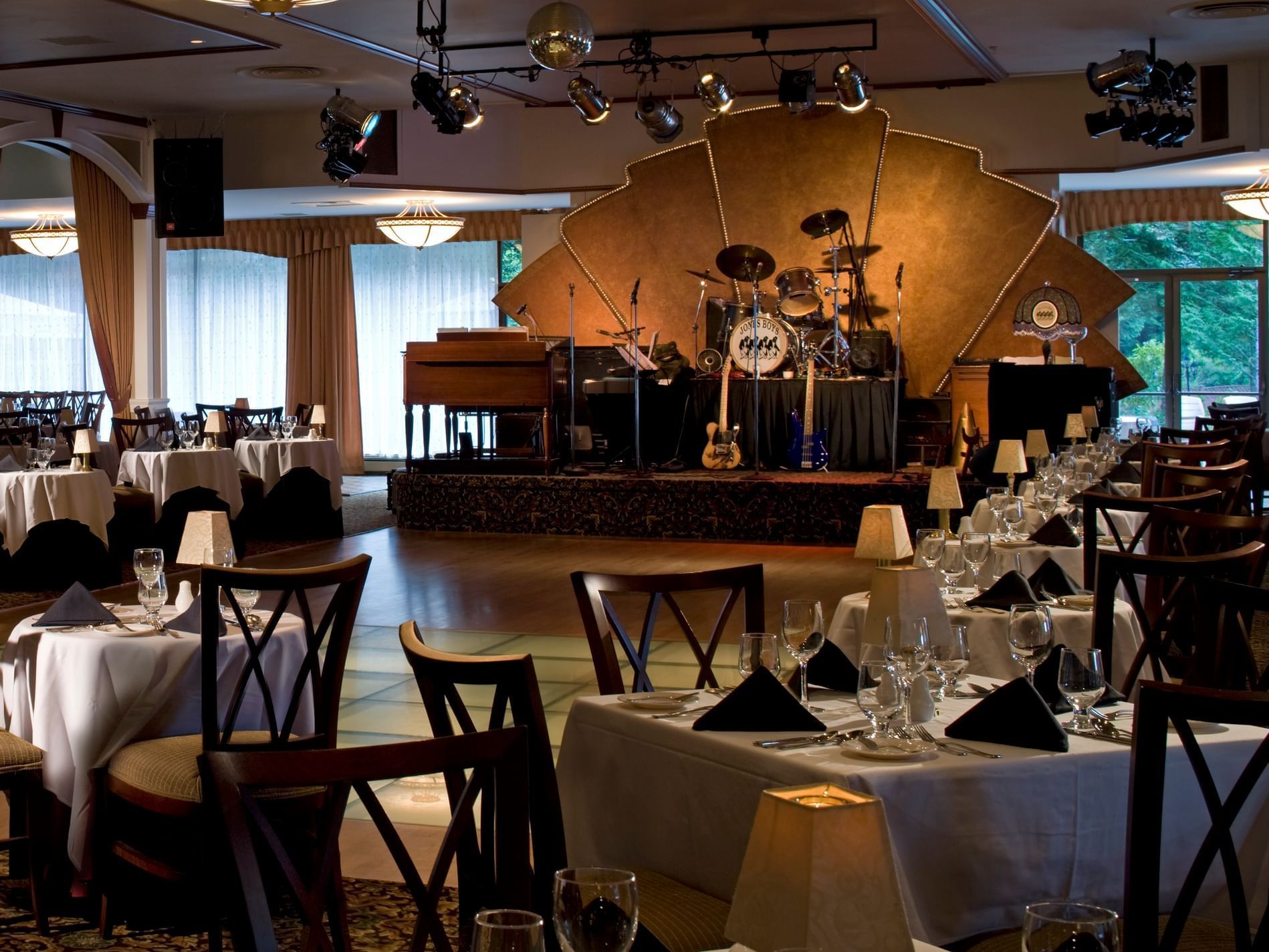 event venue with band equipment on stage