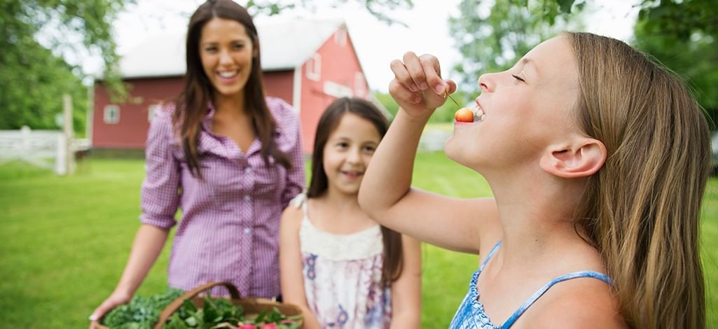 a family having fun at a farm with local produce