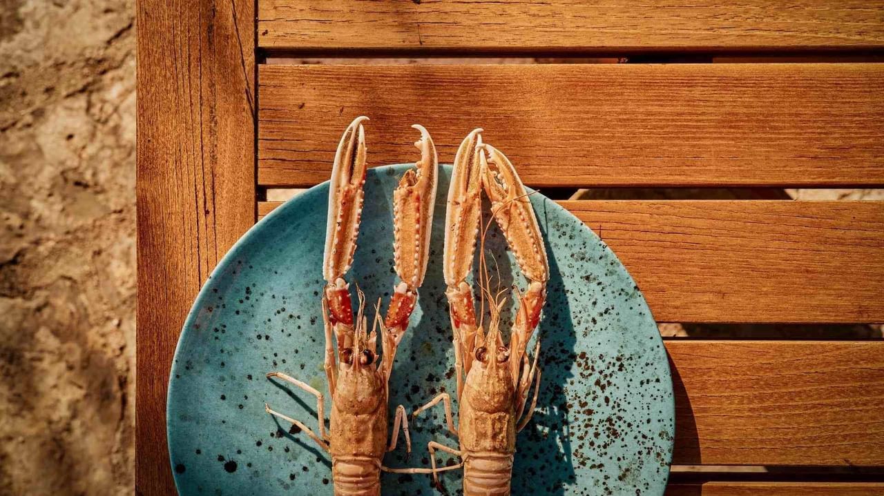 Due aragoste su un piatto blu scuro con macchie su un tavolo in legno.