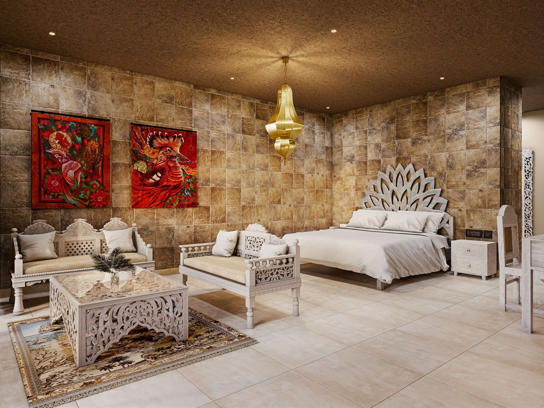 Bedroom with tiled walls, large bed, white furniture, and decorative artwork on the walls.
