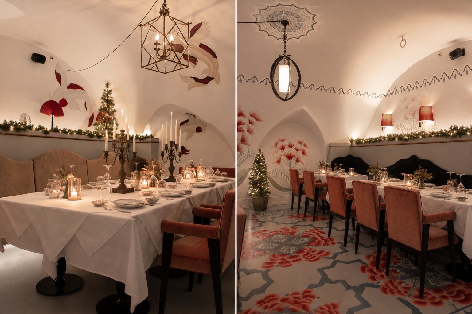 Festively set tables in Salon Oriental and Salon Asiatique at Hotel THE LEO GRAND with candlelight, Christmas decoration and elegant atmosphere