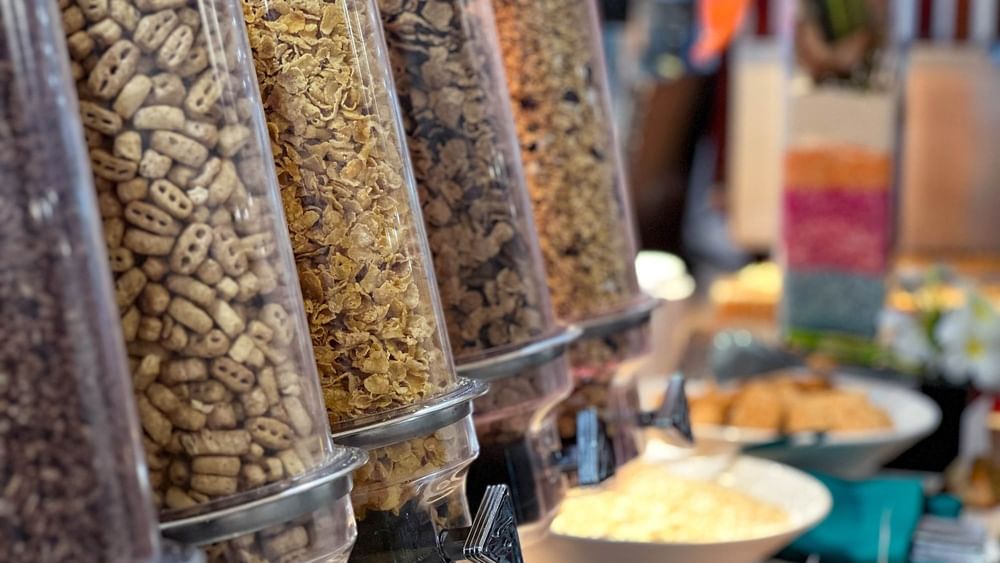 Cereals and snacks at buffet in Nukunuku Restaurant & Bar at The Naviti Resort in Korolevu.