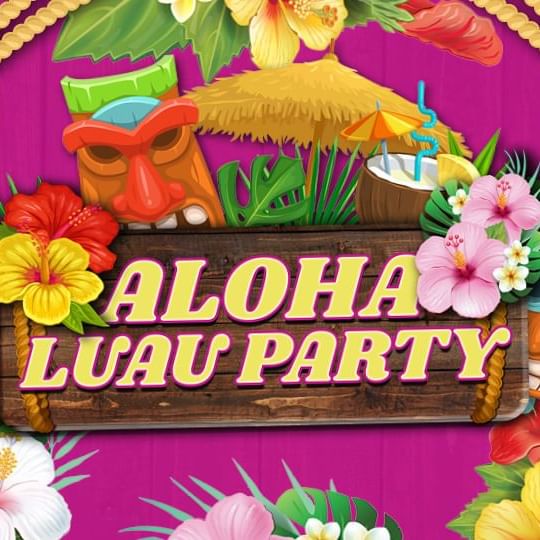 Aloha Luau Party Logo against a wood background with flowers