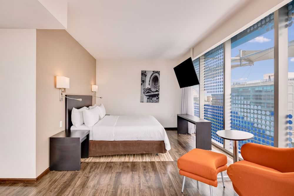 TV montada en pared frente a la cama junto a gran ventana con vista a la ciudad en habitación de Fiesta Inn