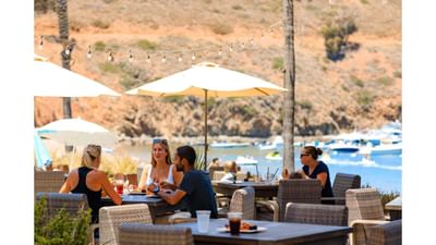People dining & lounging outdoors with an ocean backdrop at Catalina Island Company