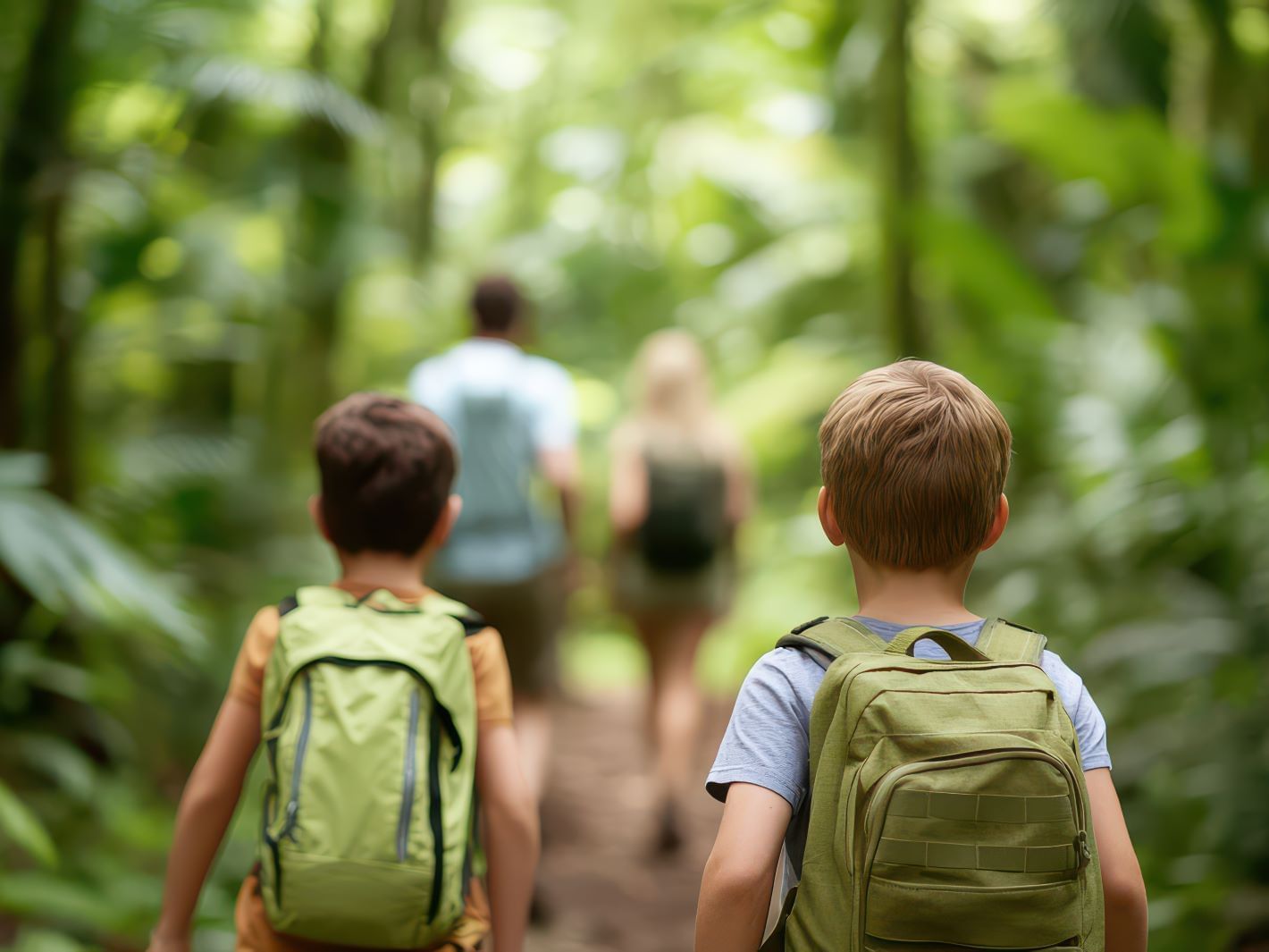 Dos niños con mochilas caminando por un bosque exuberante, siguiendo a sus padres, cerca del Central Hotel Bocas del Toro