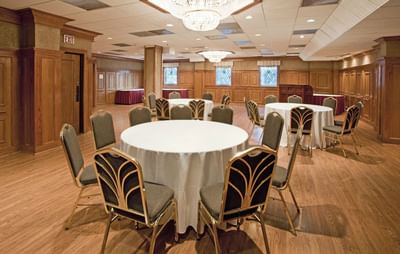 London event room with round tables draped in cloths and gold patterned chairs facing podium at Clayton Plaza Hotel