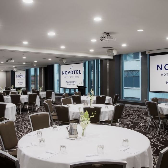 Banquet tables setup for meeting at Novotel Melbourne on Collin