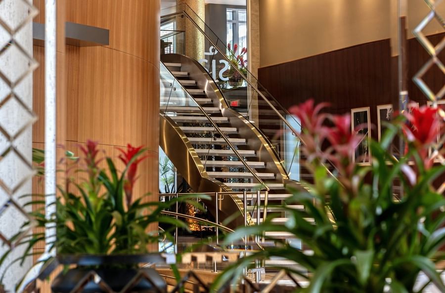 Curving stone staircase with glass railings and tropical plants in the lobby of Warwick Le Crystal