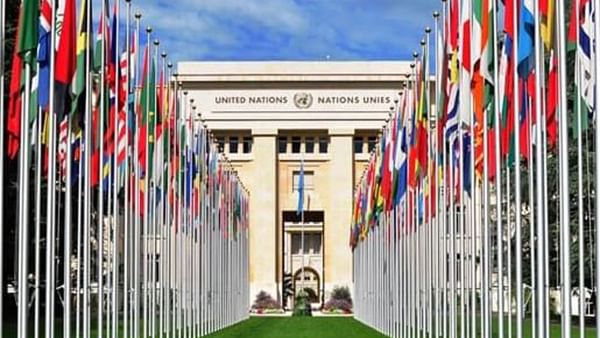 International flags by a green lawn under the Palais des Nations near Warwick Geneva