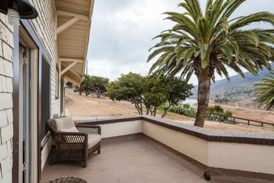 Shared balcony view and palm tree at Banning House Lodge