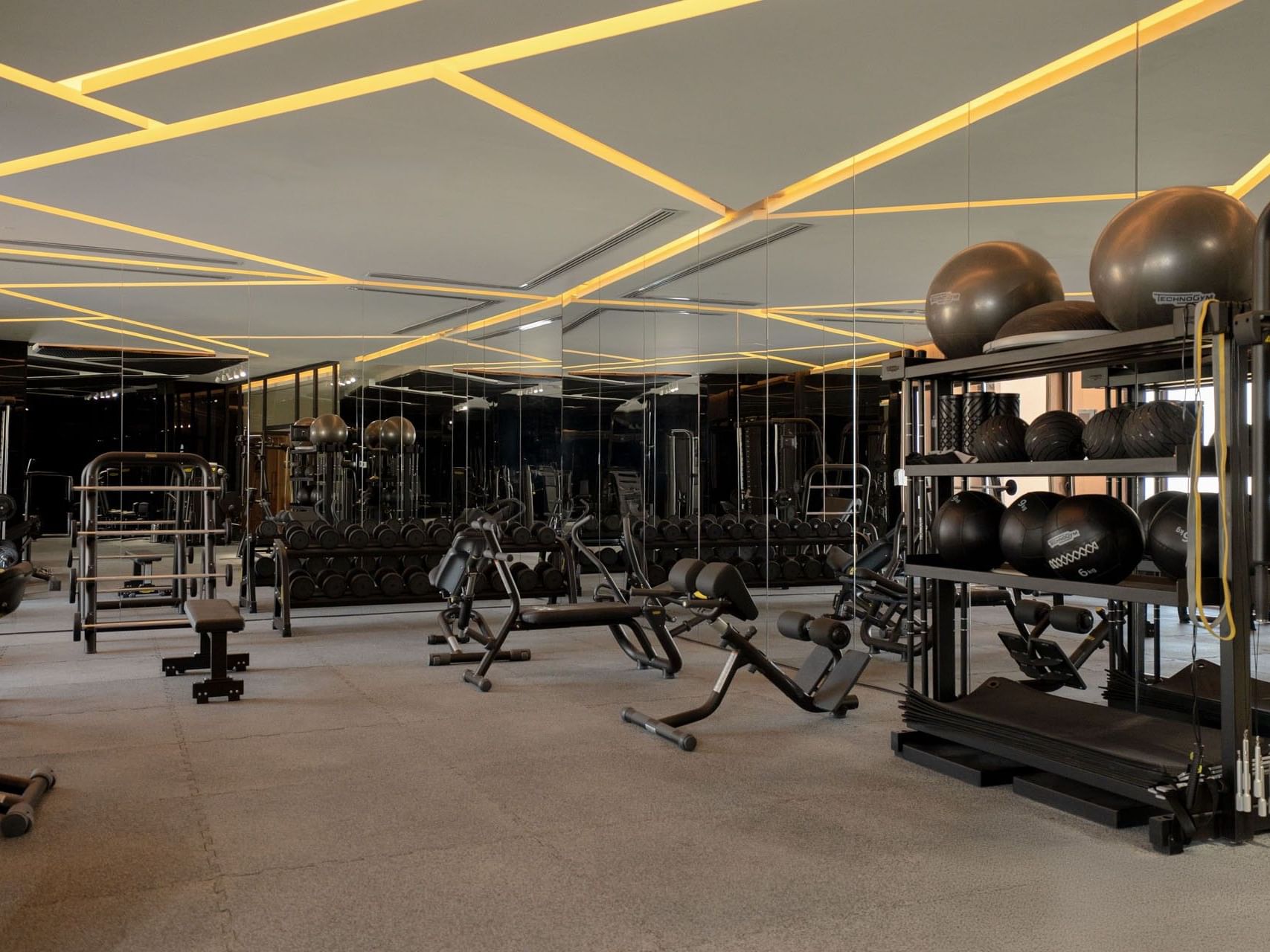 Modern gym with various equipment and weight racks at World Heart Hotel Baghdad.