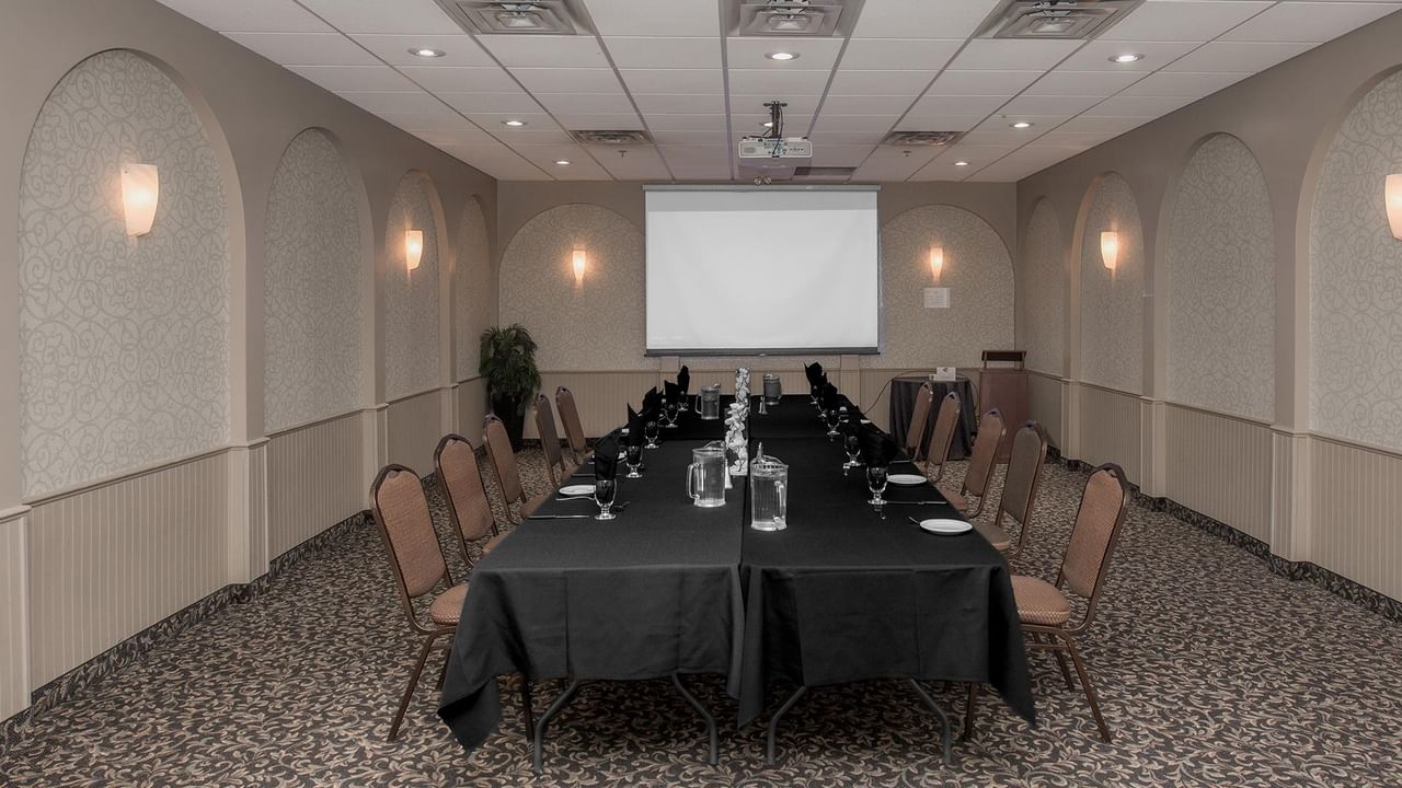 Long conference table with chairs and projector screen.