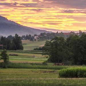 hills and fields at sunset