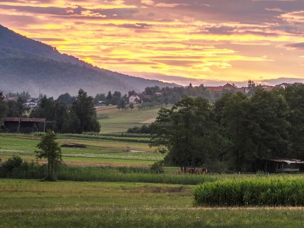 hills and fields at sunset