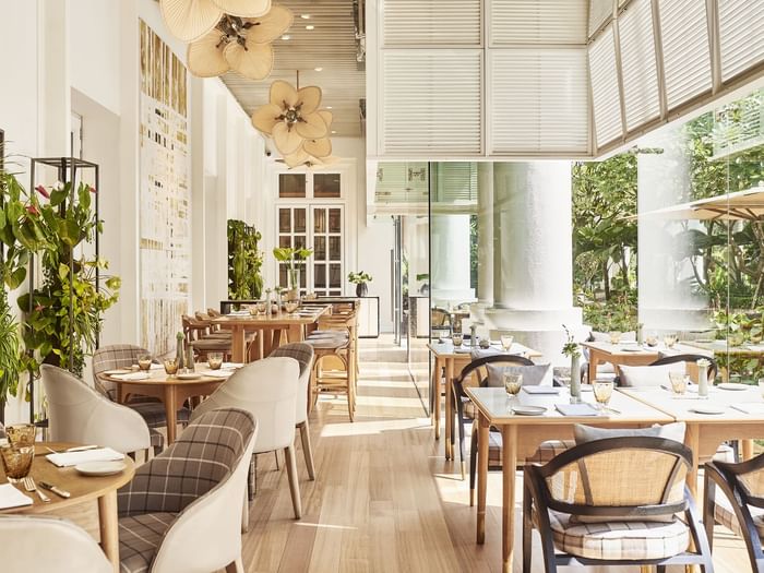 Opera featuring wooden tables, elegant chairs, and lush greenery, with large windows at Park Hyatt Saigon