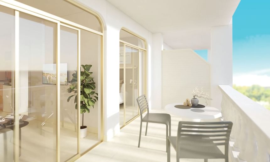 Diseño conceptual de área de comedor y sala de estar en el balcón de una habitación en Ponient Hotels