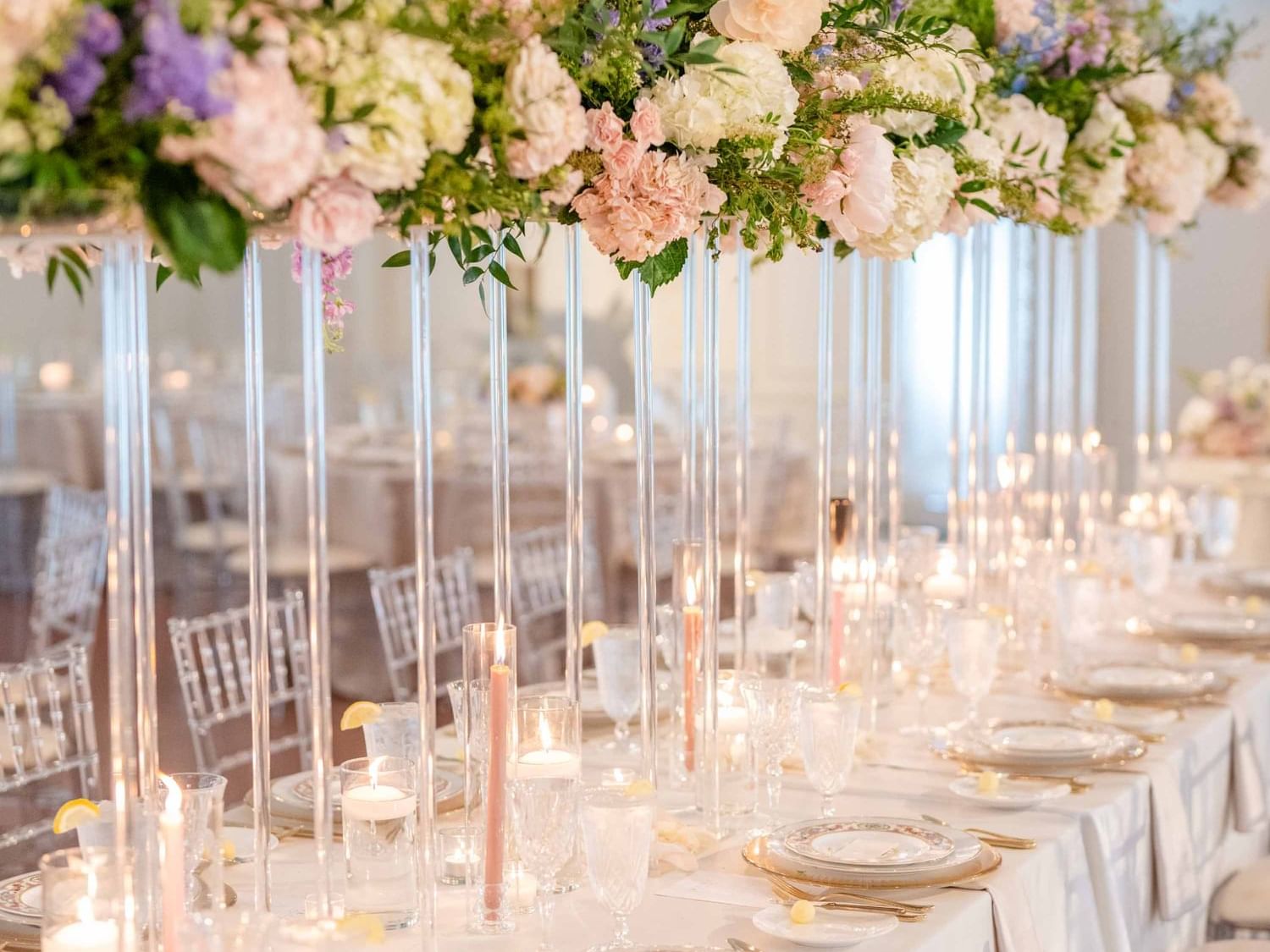 Close-up of flower decoration with table set-up, The Mayo Hotel