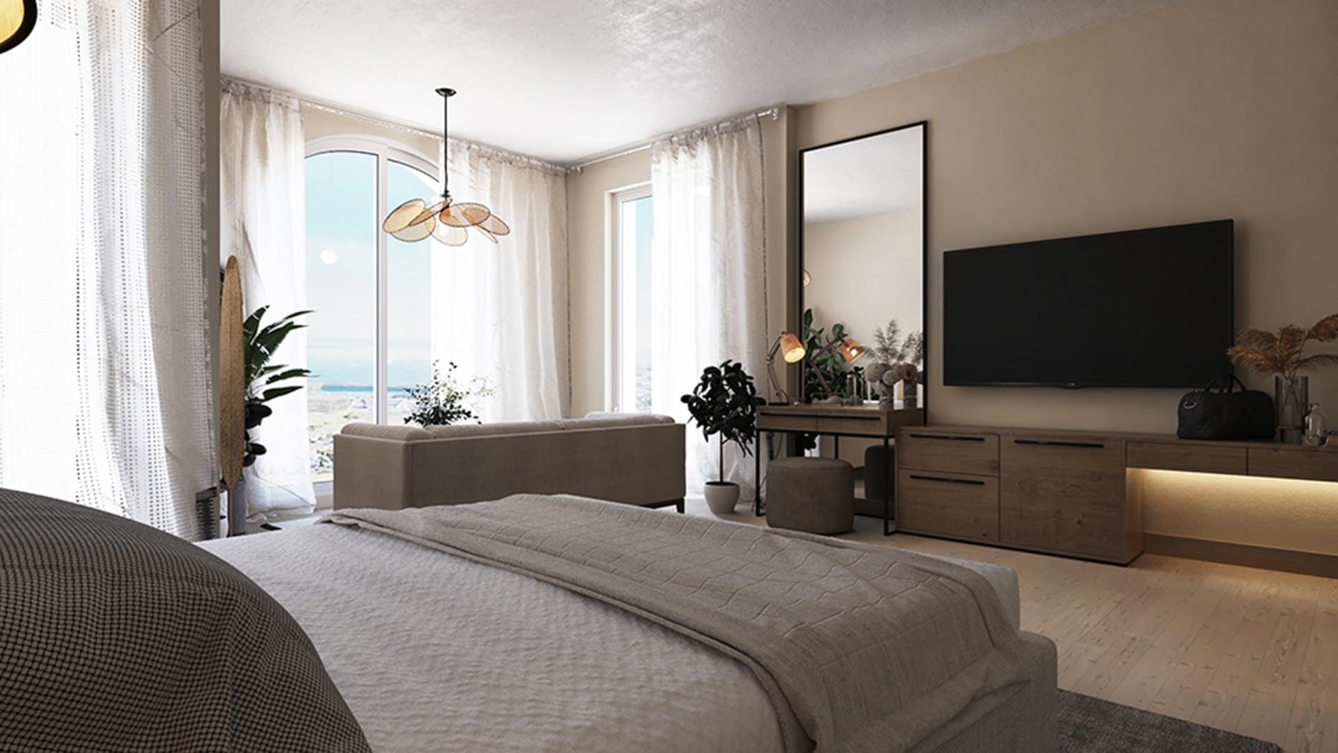 Wall-mounted TV with wooden cabinet facing bed by the large windows in room at Titanic Deluxe Sharm El Sheikh