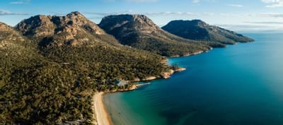 Aerial view of Freycinet National Park on a sunny day near Freycinet Lodge