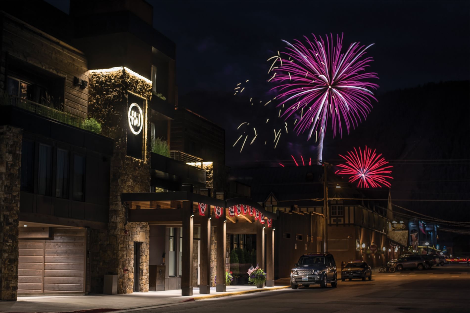Fireworks at night outside Hotel Jackson