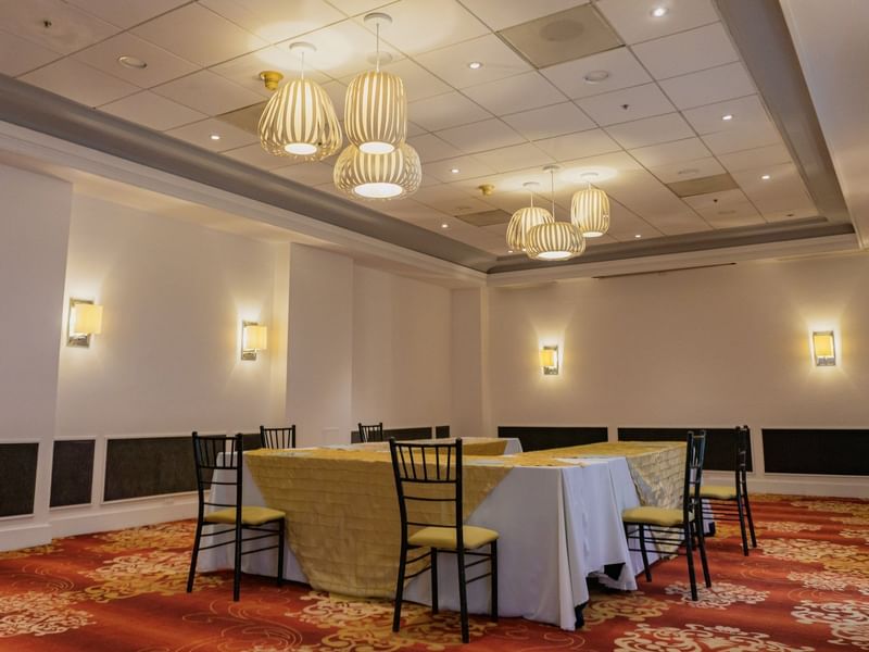 U-style table set up in Esmeralda Room at Gamma Hotels