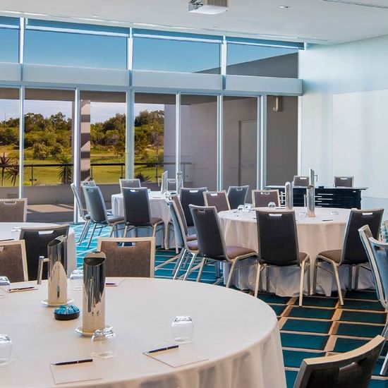 Magenta ballroom Cabaret Setup by the golf course view at Pullman Magenta Shores