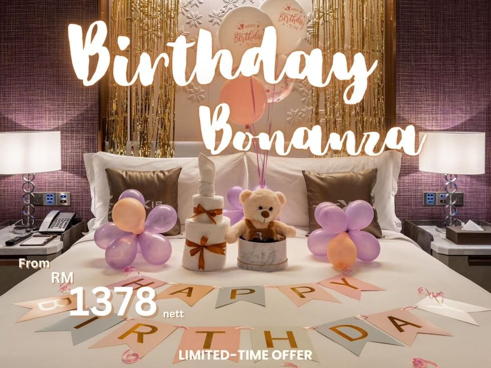 Birthday Bonanza poster with arranged bed used at Imperial Lexis Kuala Lumpur