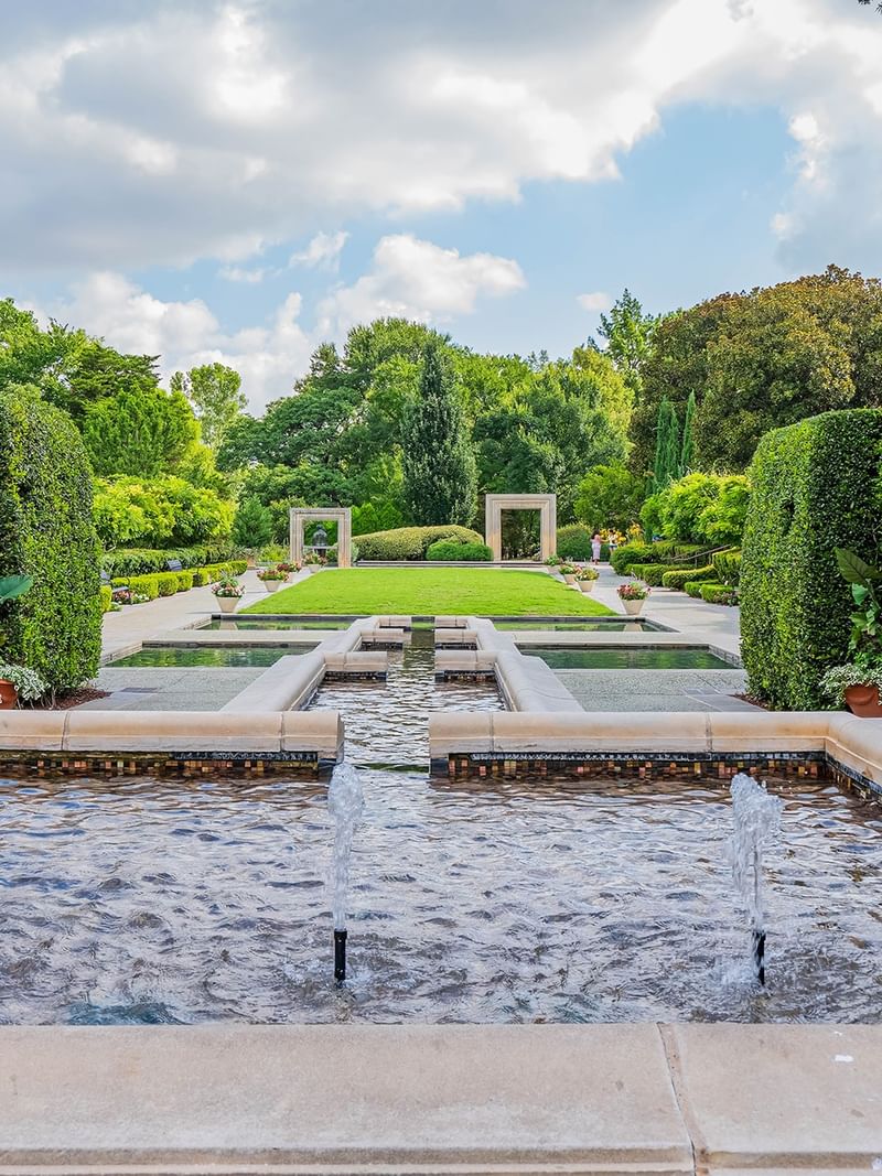 A serene water feature surrounded by greenery at Dallas Arboretum and Botanical Garden.