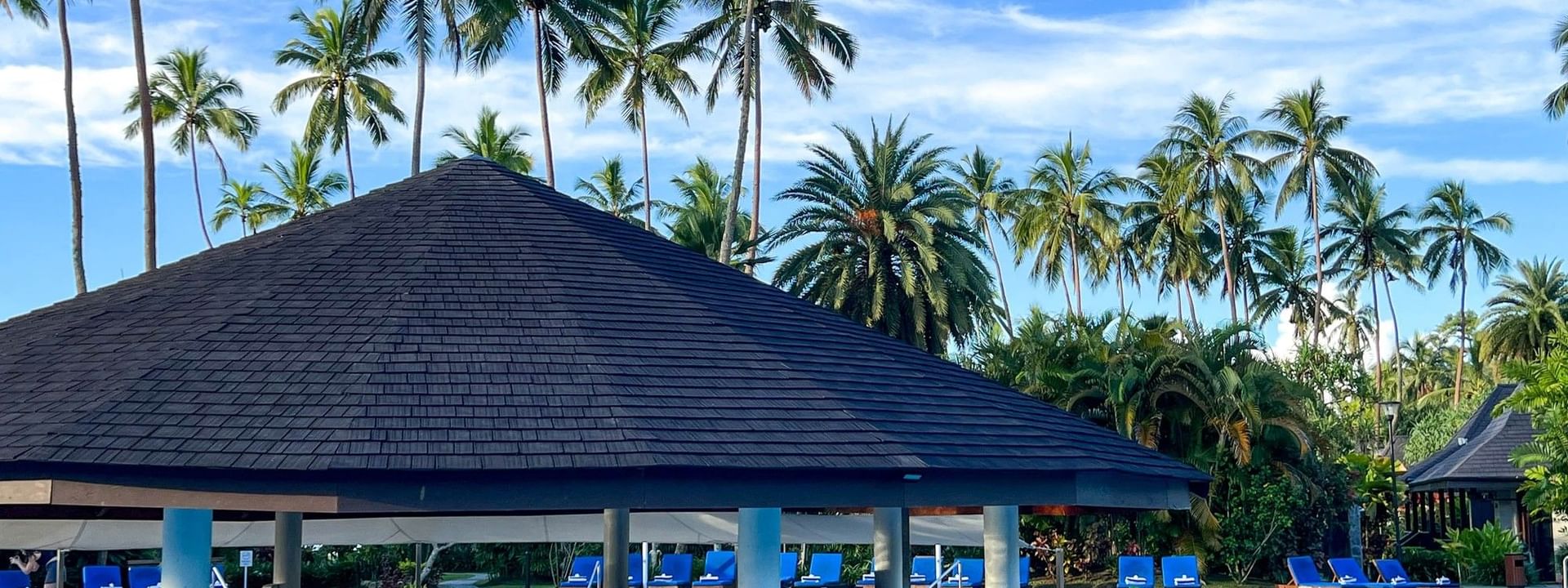 Large swimming pool with blue lounge chairs and palm trees at The Naviti Resort in Korolevu