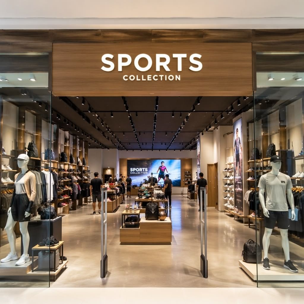 The glass storefront of a sports collection boutique with dressed mannequins