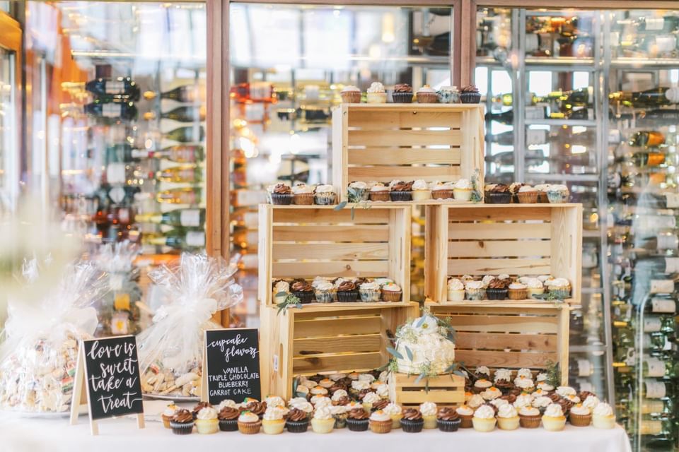 Various cupcakes displayed at our Avalon wedding venue