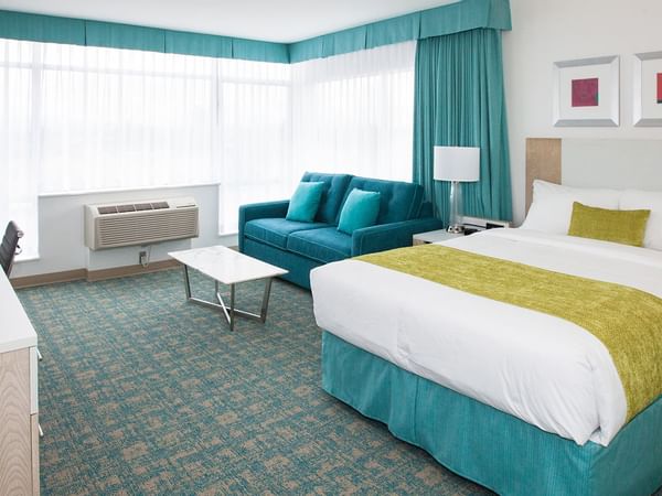 queen bed with a blue sofa bed and coffee table