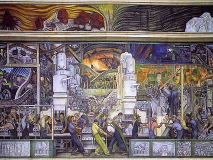 painting of people working in a factory
