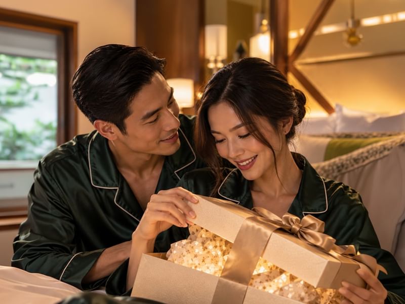 Couple opening a Christmas gift in Grand Garden Villa celebrating Christmas season