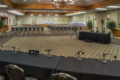 Event space decorated for a conference