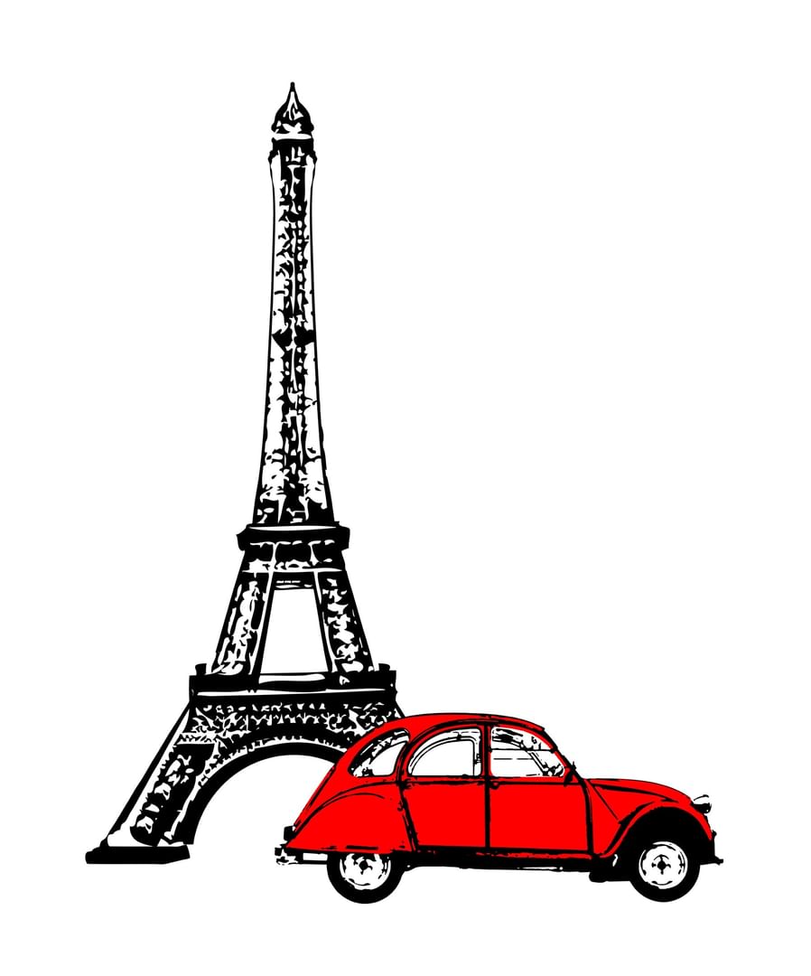 Illustration stylisée d'une voiture rouge devant la Tour Eiffel à l'Hotel Westminster Warwick Paris