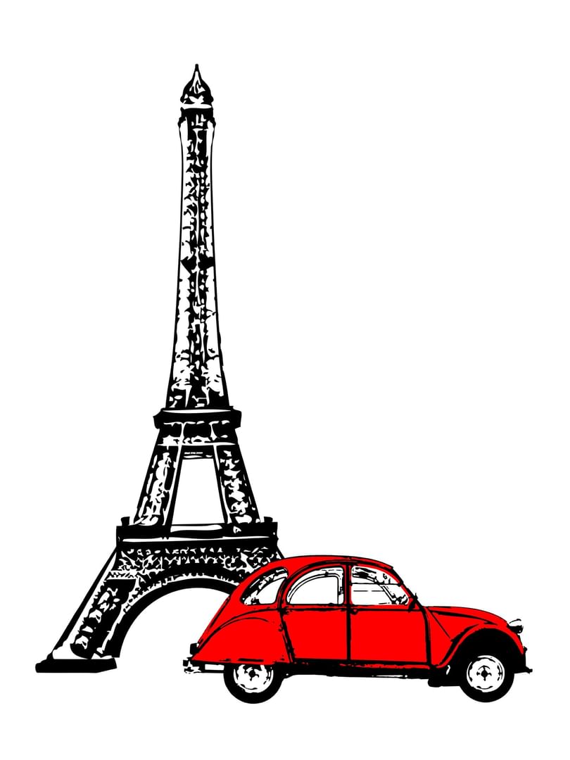Graphic design of a red car parked near the Eiffel Tower, shown at Hotel Westminster Paris
