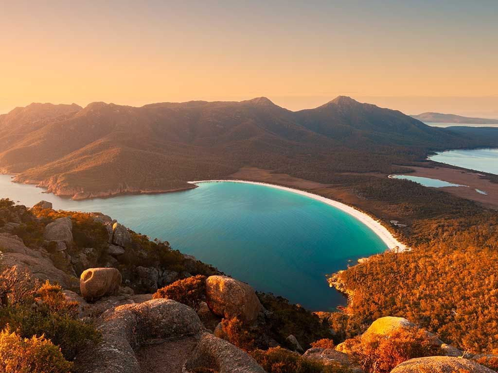 Drone view of Hazards mountain range with Wineglass Bay at Freycinet Lodge